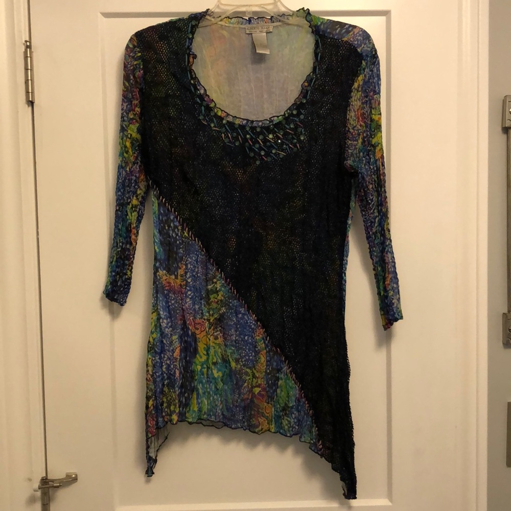 Alberto Makali colorful top. Women’s large w decorative beads, mesh & stitching.